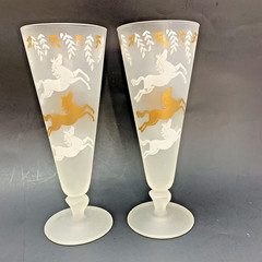 Libbey Cavalcade Frosted Pilsner Cocktail Beer Glass Gold 2 White Horses Vintage