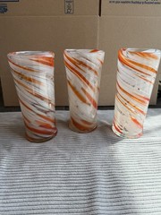 3 Hand-blown Art Glass Tumblers with Orange and White Swirling Stripes 6.75″