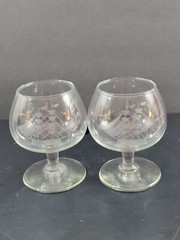 Set of 2 Toscany Clipper Ship Etched Cut Glass Brandy Snifters 4″