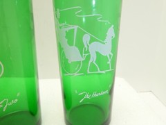 Anchor Hocking 4 GREEN Glasses Gas Buggy Open Sleigh The Hansom Bicycle For Two