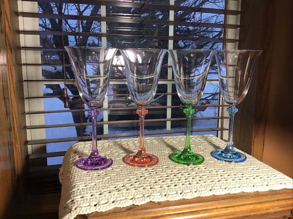 4 Crystal 8 Oz Colored Wafer Stem Flared Rim Wine Beverage Glasses