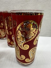 Vtg Set of 6 MCM Culver Red & 22k Gold Paisley Highball Glasses Tumbler Cocktail