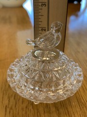 Vintage Crystal Miniature Bird Trinket Ring Box Jewelry Dish Round Lid Footed
