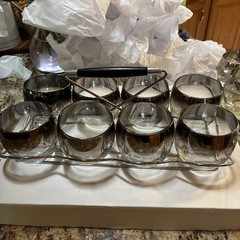 Perfect Vitreon Queens Silver Fade Lusterware Roly Poly 8 Glasses in Chrome Tray