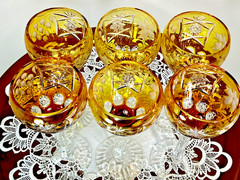 Cut to Clear Glass Crystal 8” Set of 6 Nachtmann Amber Yellow Hock Wine Glasses.