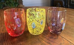 3 HAND BLOWN Murano Style Tumbler Glasses Contemporary Millefiori Design