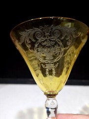 SET OF 2- RARE TIFFIN ARCADIAN TOPAZ YELLOW ETCHED BASKET 5 5/8″ WINE GLASSES