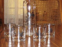 Vintage~ Set of 4~ Game Bird ~ Low Ball Whiskey Glasses ~Silver Rim & Pitcher~