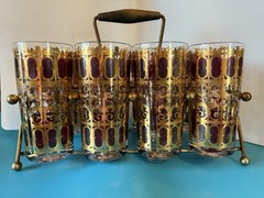 Set Of 8 Vintage Culver MCM Cranberry And 22k Gold Highball Glasses W Carrier