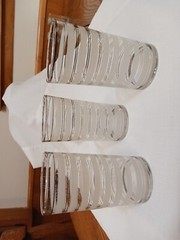 3 Vintage Highball Glasses -1940s. White etching, silver striping. Unique find!