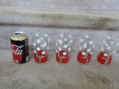 4 VINTAGE MCM Libbey Glass Tall Glasses Red White Dots Stripes 5″