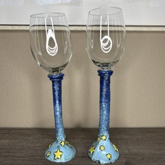 Signed Art Pottery Stem Wine Glasses 15″h Hand Painted Boho Unique Shelley Stars