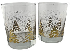 2 Vintage Dansk Golden Pine Glasses Double Old Fashioned Winter Snow 4.25”