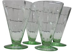 *RARE* Fry Optic Ribbed Uranium Glass Footed Tumblers-MINT Set Of 4