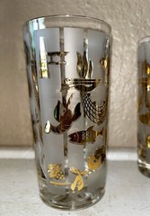 Lotus “Bon Appetite” Set Of 8 Glasses W/Carrier Fish Lobster MCM Vintage NOS