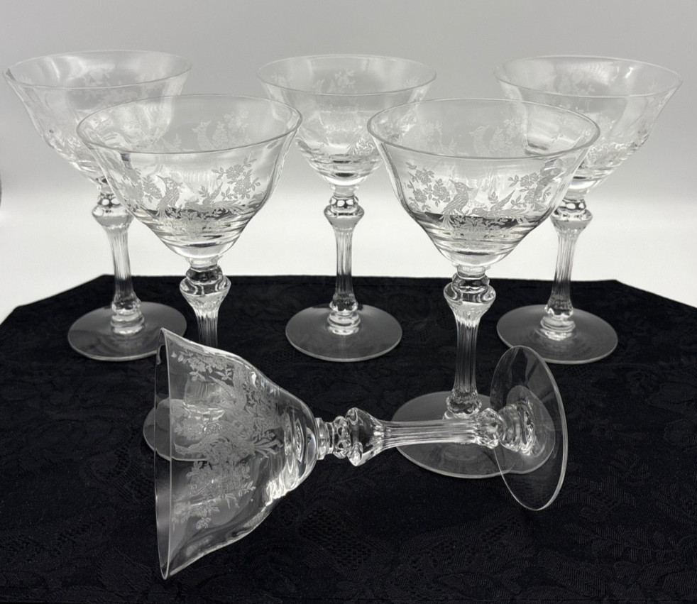 6 Tiffin Persian Pheasant 6 1/2″ Tall Sherbets or Champagne Glasses 8 Oz