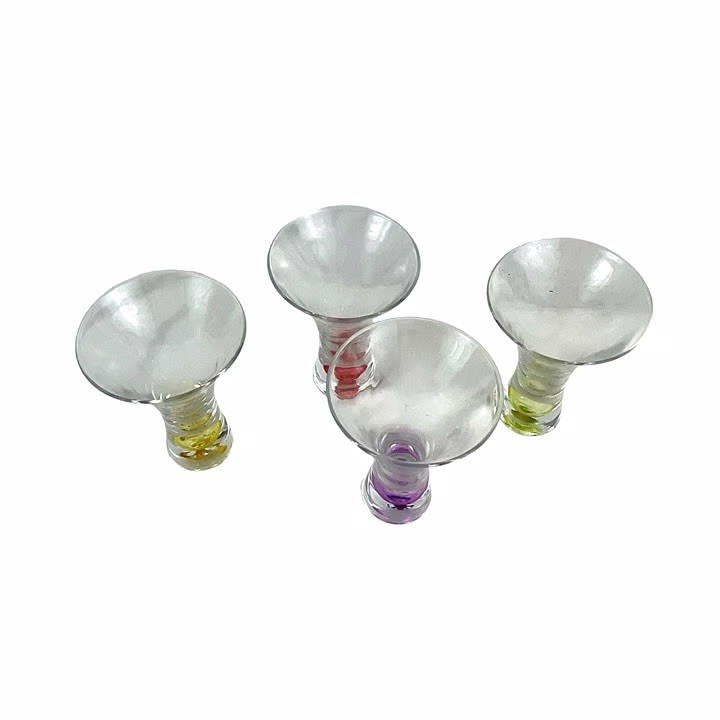Set of 4 Hand Blown Cordial/Liqueur Colored Bubble Bottom Glasses 4.5”
