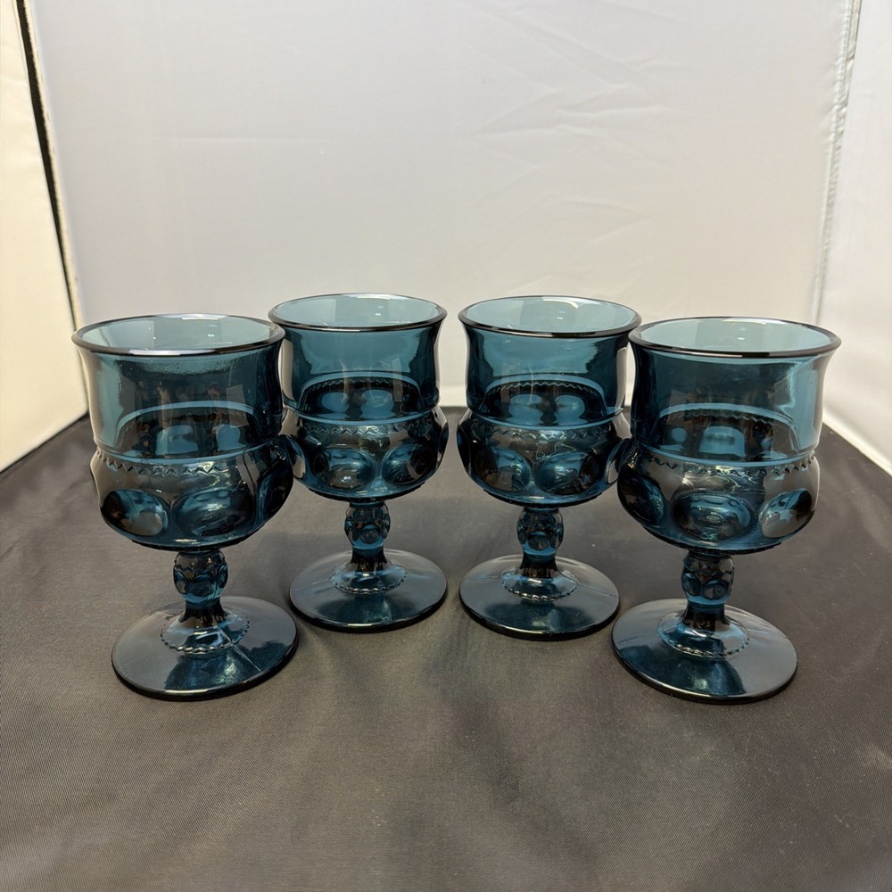 Indiana Glass Water Goblets Teal Blue King’s Crown Thumbprint Stemmed 5.5″ set 4