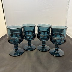 Indiana Glass Water Goblets Teal Blue King’s Crown Thumbprint Stemmed 5.5″ set 4