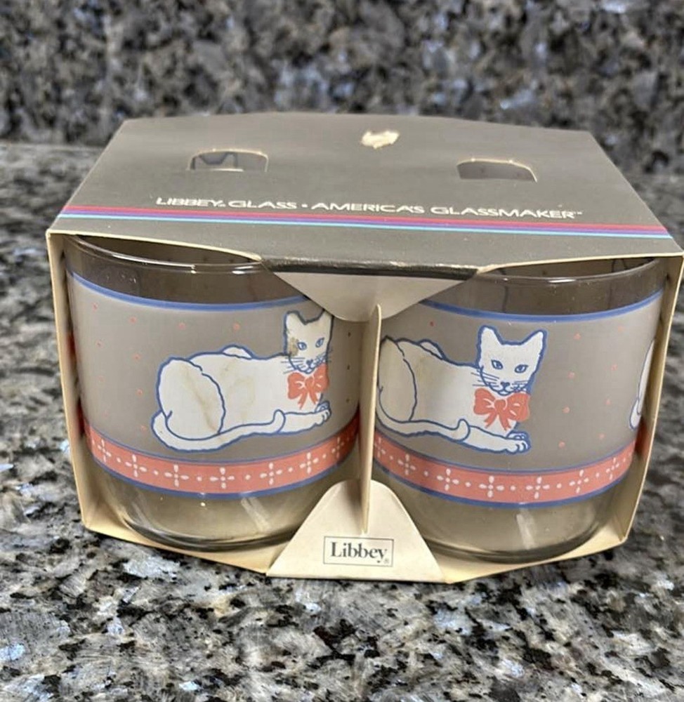 Vintage NOS Libbey Cat Frosted Drinking Glasses (4) 11 1/2oz Americana NOS