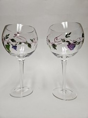 Set of 2 Hand-Painted Grape Motif Wine Glasses