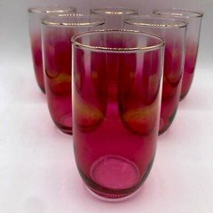 Vintage Ombre 6 Tumblers Ruby Red and Clear Glass Gold Trim Rounded Bottom 5.25″