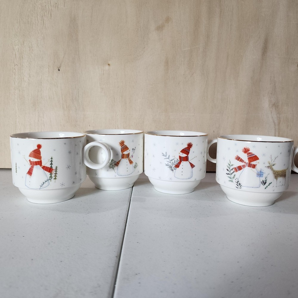 Grace Fine Porcelain Christmas Snowman Mugs Set of 4 Gold Rim 3.5″ Holiday Cups