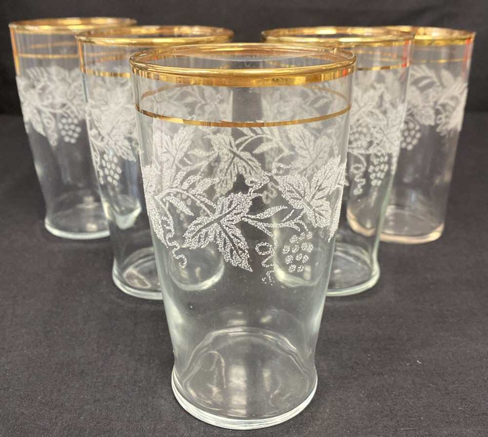 Set of 5 Vintage Bartlett Collins Gold Rim Tumblers W/ Frosted Grape Design