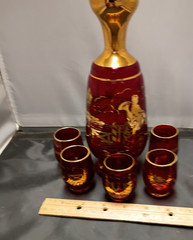 Red Glass Murano Gold Trim Bottle W/Five Glasses Courting Couple Venetian Attire