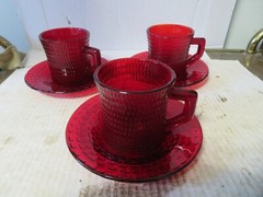 Ruby Red Hobnail Bumpy Texture Heavy Glass Cups and Saucers 3 Sets