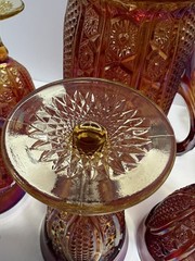 VTG Indiana Heirloom Cadmium Glass Amberina Iridescent Pitcher&6 Goblets Set EUC