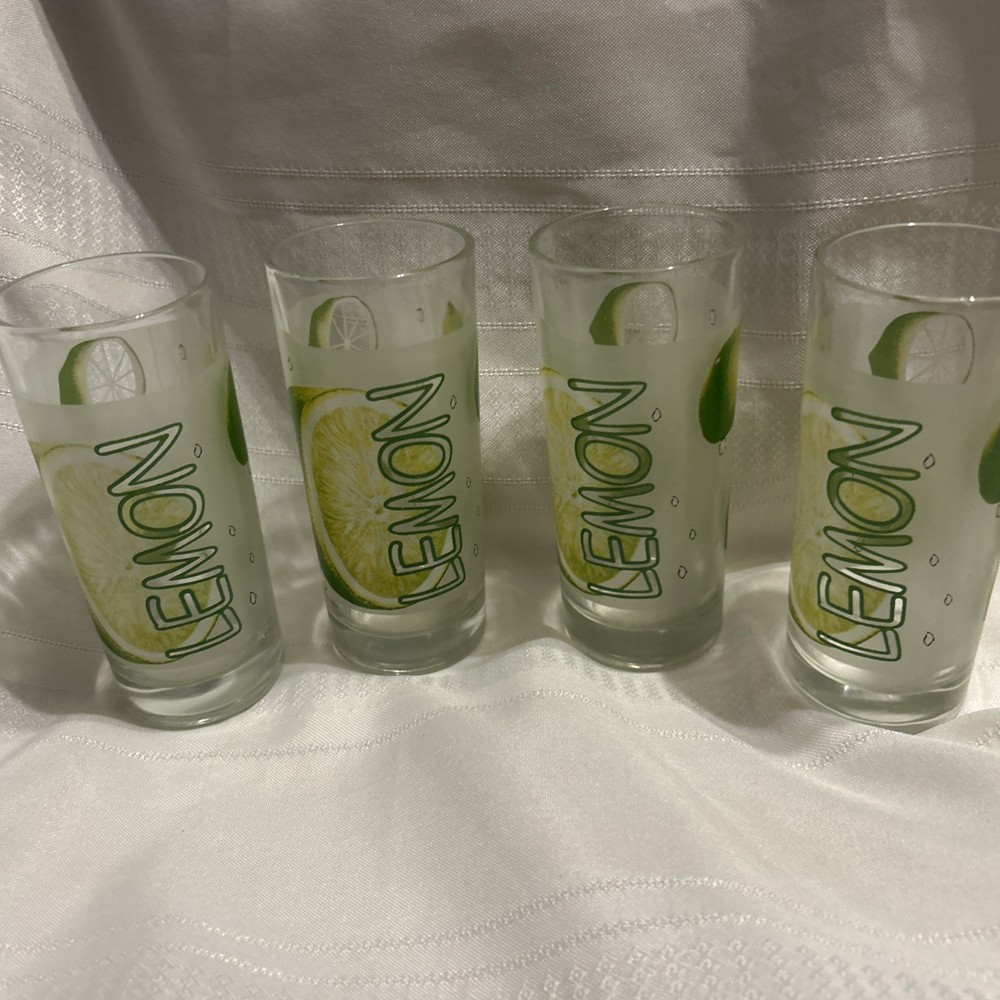 Set OfFour Decorated Lemon Glasses 5 1/2 Inches, Green/yellow Frosted