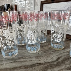 VTG 1950’s Hazel Atlas Kitchen Aids Tumbler Pink, Blue & White Glasses Set of 7