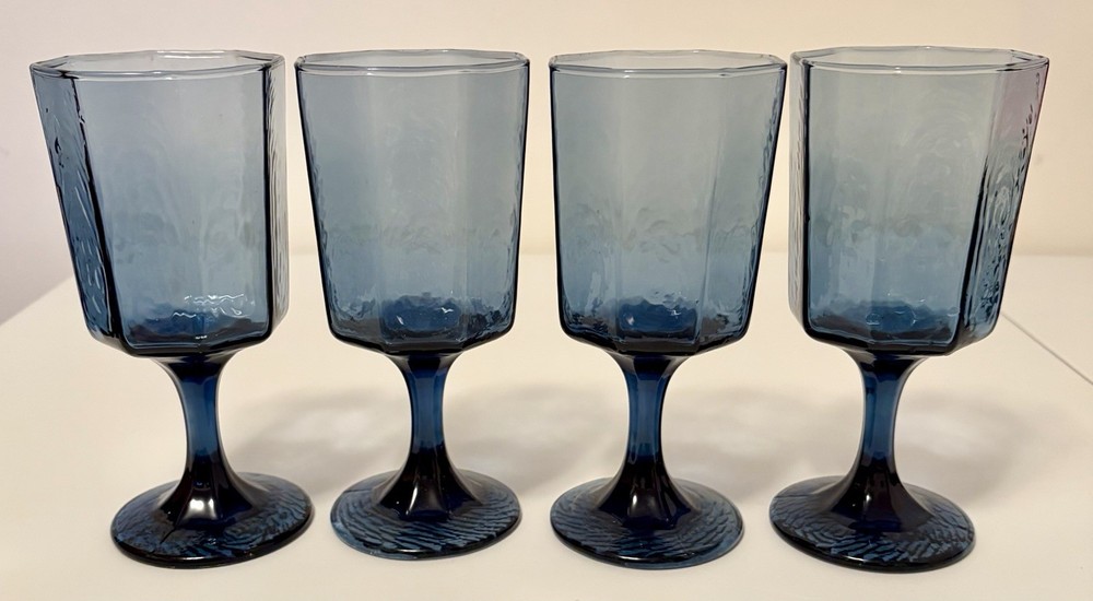 Set Of 4 Libbey Facets Blue Wine Glass Goblets Octagon Mid Mod Stemware MCM VTG