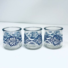 Set Of 3 Single Service Glass Jelly Juice Jars Blue Scroll Design