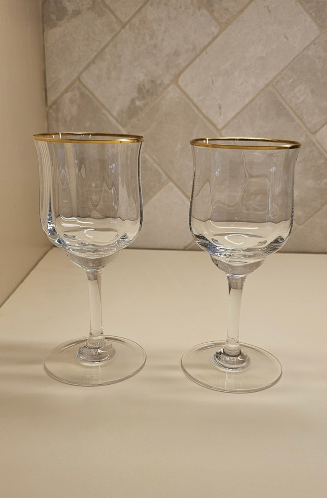 2 Baccarat Crystal wine glasses Capri Optic Gold rim 6″ Claret Mint Rare