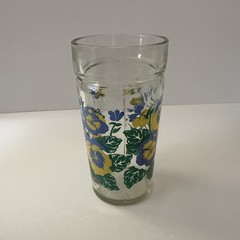 Vintage MCM Anchor Hocking Blue & Yellow Pansy Jelly Jar Tumbler Glass 6” H