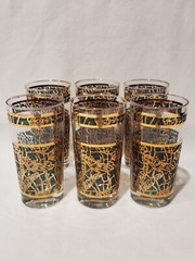 6 Mid Century Dominion Glass Drinking Tumblers Marbled Green With Gold Veins