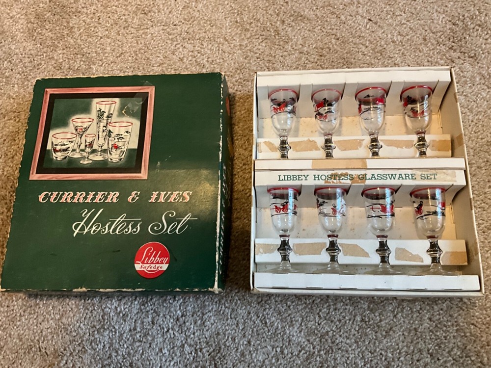 Vintage 8 Libbey Currier & Ives Cordials Glass Set W/Red Rim 1950’s Orig. Box