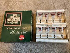 Vintage 8 Libbey Currier & Ives Cordials Glass Set W/Red Rim 1950’s Orig. Box
