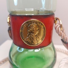 Vntg Blown Green Glass Leather Hands Free Cocktail Beer Tumbler Lanyard w/Image