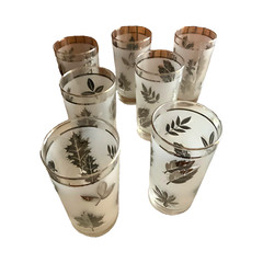 LIBBEY fall leaves metallic silver gray frosted 5″ glasses vintage MCM Set Of 10