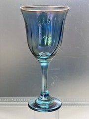 3 Vintage 7.75″ Gold Rim Iridescent Luster Blue Wine Crystal Goblets 10oz