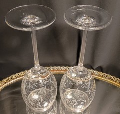 2 Tall Lacy White Scroll Etched Wine Glasses Goblets Pair Set