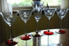 Vtg Set 5 WESTON 1 Water Goblet & 4 Wine RUBY RED FOOT/ CUT STARFLOWER GLASSES