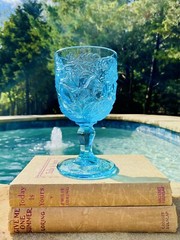 VTG Aqua Spring Blue FLAT ROSE Madonna Inn Rose 6.5″ Goblet GORGEOUS!