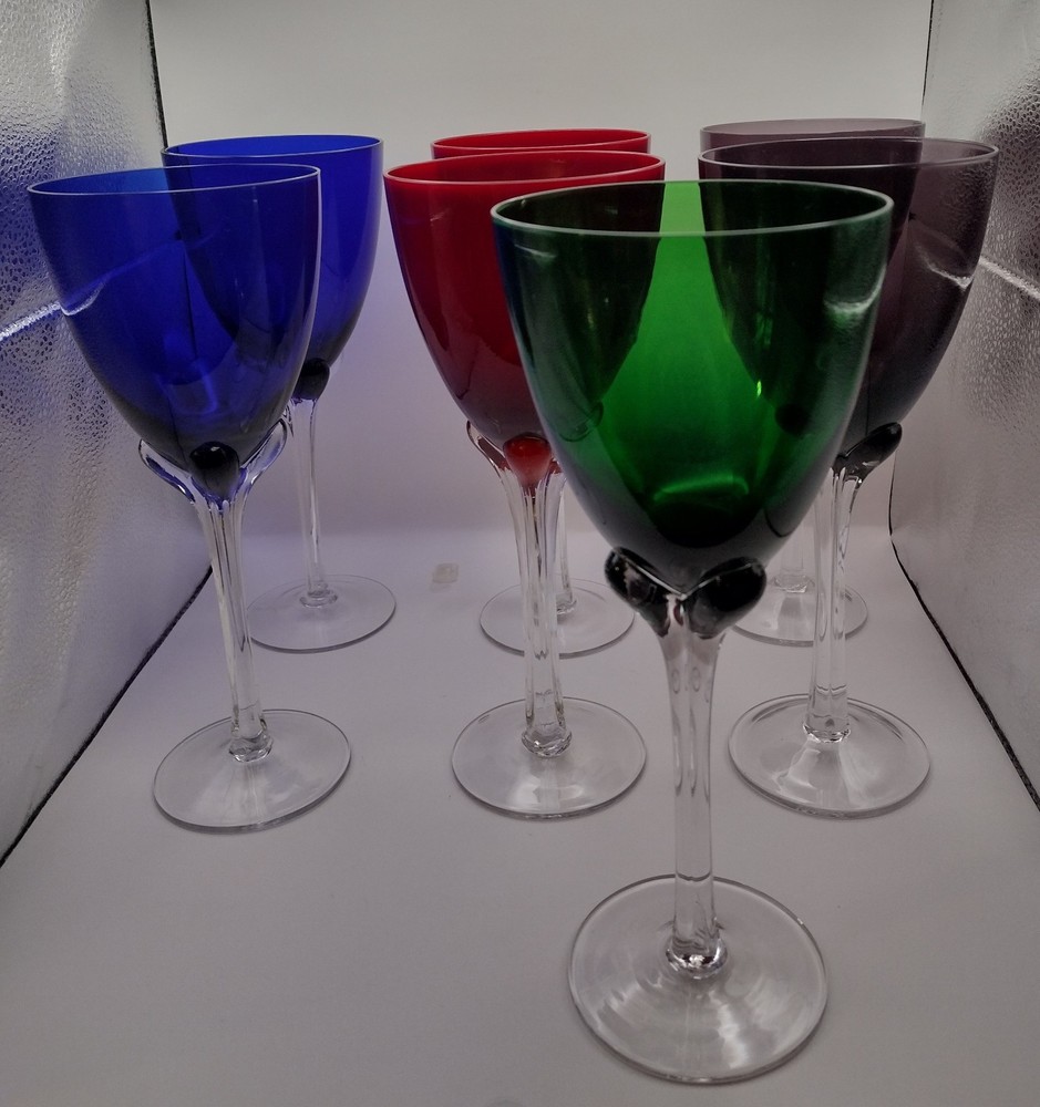 7 Murano Art Glass Wine Goblet Tulip Clear Faceted Stem Red Blue Purple Green