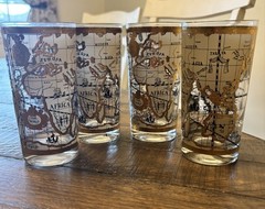 4 Cera 22k Gold Highball Glasses Set MCM WORLD ATLAS maps Vintage Olde World EX.