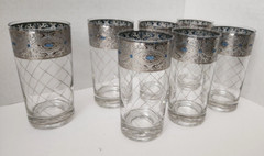 Culver Sorrento Hiball Tumblers Silver Lattice Blue Accent 5 5/8″ Tall Set of 7