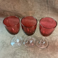 Lots of three Victorian small cranberry glass bowl/clear stem mini wine goblets